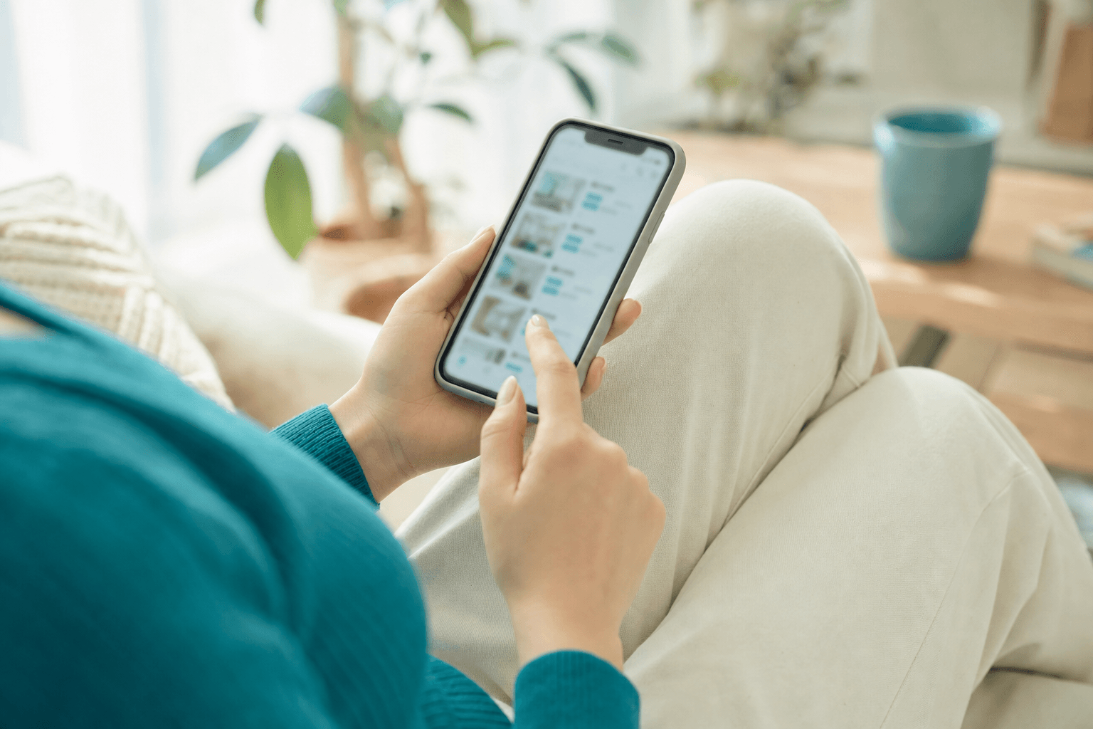 スマートフォンで物件を探す手元